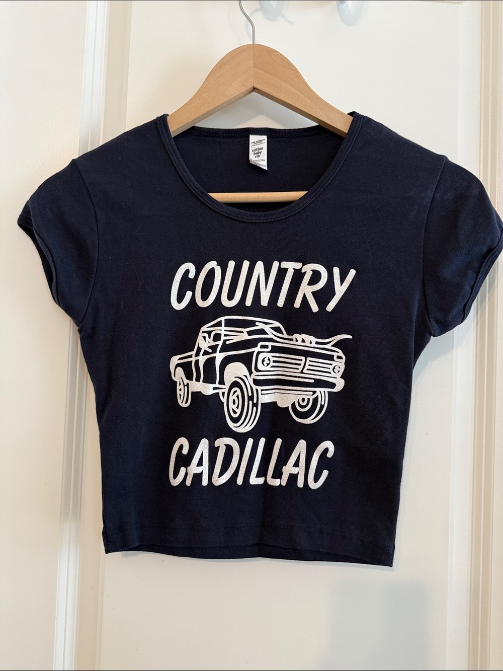 Women's Navy Crop Top with White 'Country Cadillac' Graphic